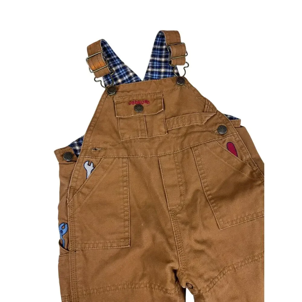 Oshkosh B'Gosh Khaki Denim Blue Plaid Flece Lined Coverall Overalls 6/9 Months